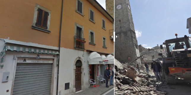 Avant/après , les bâtiments détruits par le séisme en Italie