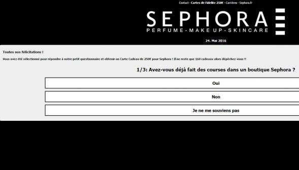 Sephora ne fait gagner aucun chèque-cadeau de 250 euros , ne cliquez pas c'est une arnaque !